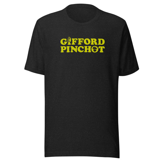 a short sleeve t-shirt featuring the phrase Gifford Pinchot in goldenrod. There is a morel mushroom where the letter I should be in the word Gifford and a porcini where the O should be in Pinchot.
