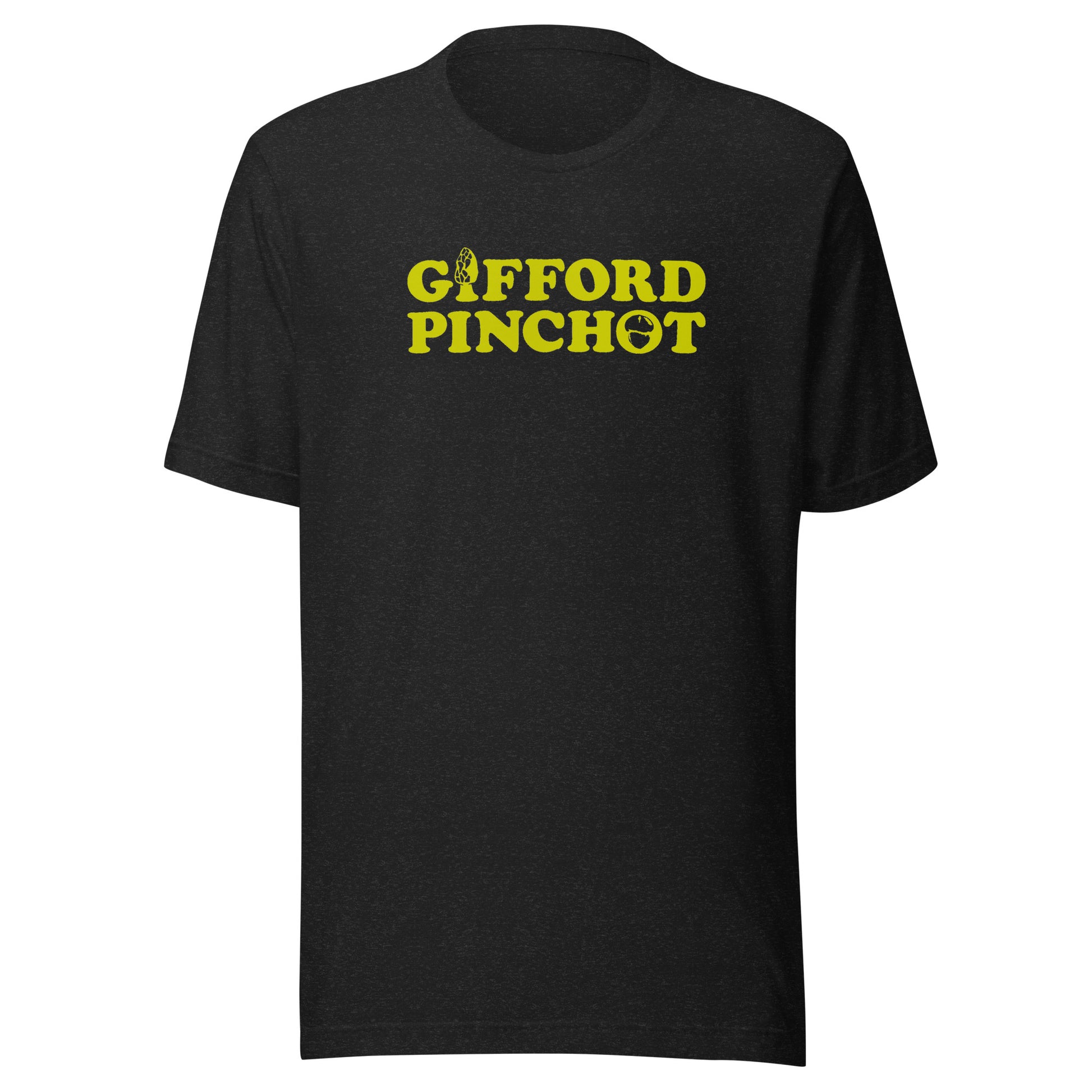 a short sleeve t-shirt featuring the phrase Gifford Pinchot in goldenrod. There is a morel mushroom where the letter I should be in the word Gifford and a porcini where the O should be in Pinchot.