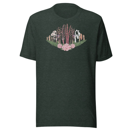 A short-sleeve t-shirt with an image of Ghost pipe, Candystick, pine sap and other micoheterotrophic plants of the PNW.