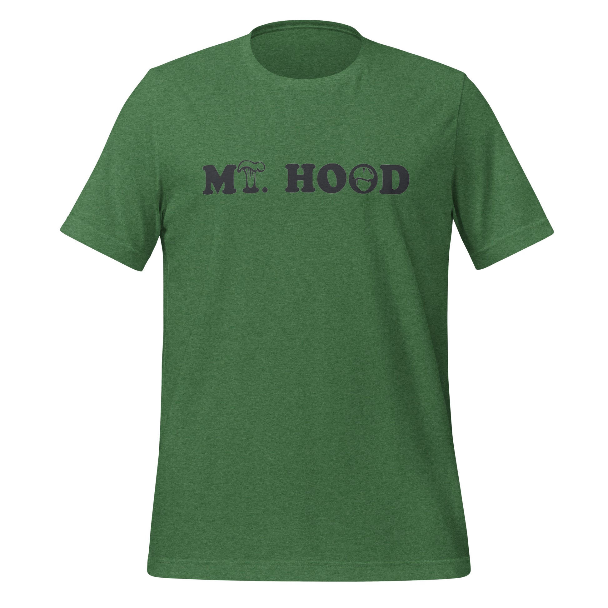 a green shirt showing a logo for Mt Hood national forest with mushrooms representing some of the letters. 