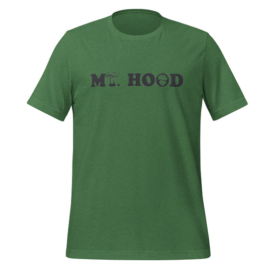 a green shirt showing a logo for Mt Hood national forest with mushrooms representing some of the letters. 