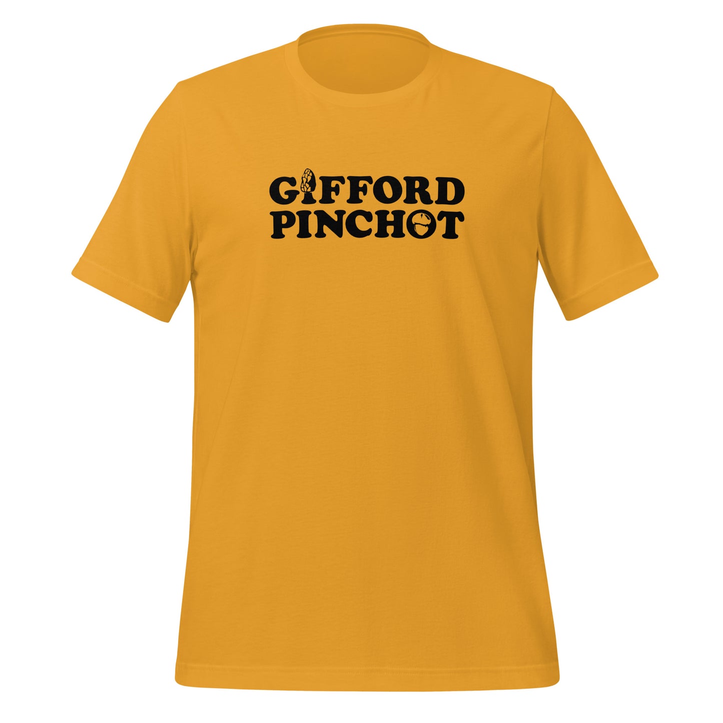 a yellow t-shirt featuring the phrase Gifford Pinchot. there is a morel mushroom where the letter I should be in the word Gifford and a porcini where the O should be in Pinchot.