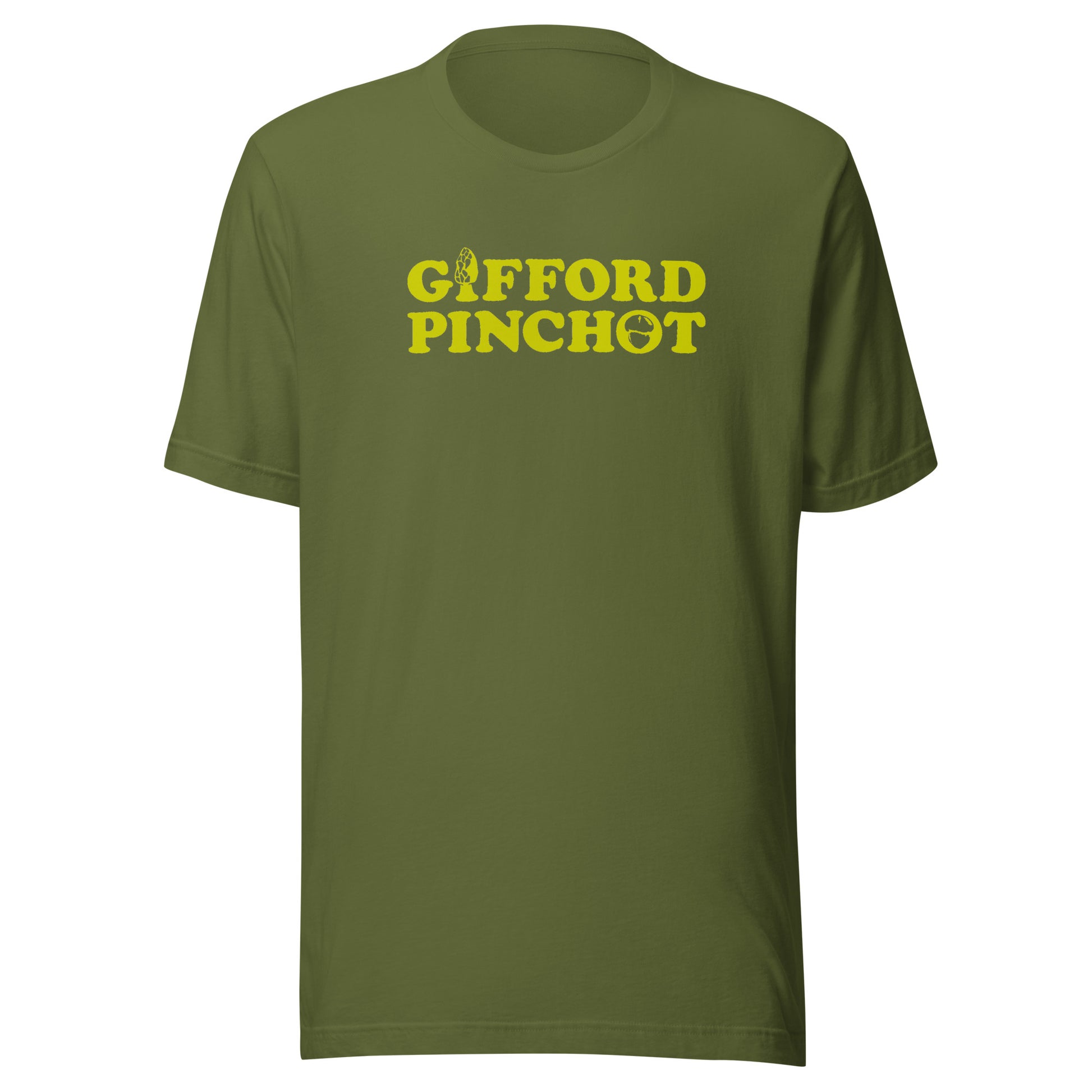 a short sleeve t-shirt featuring the phrase Gifford Pinchot in goldenrod. There is a morel mushroom where the letter I should be in the word Gifford and a porcini where the O should be in Pinchot.