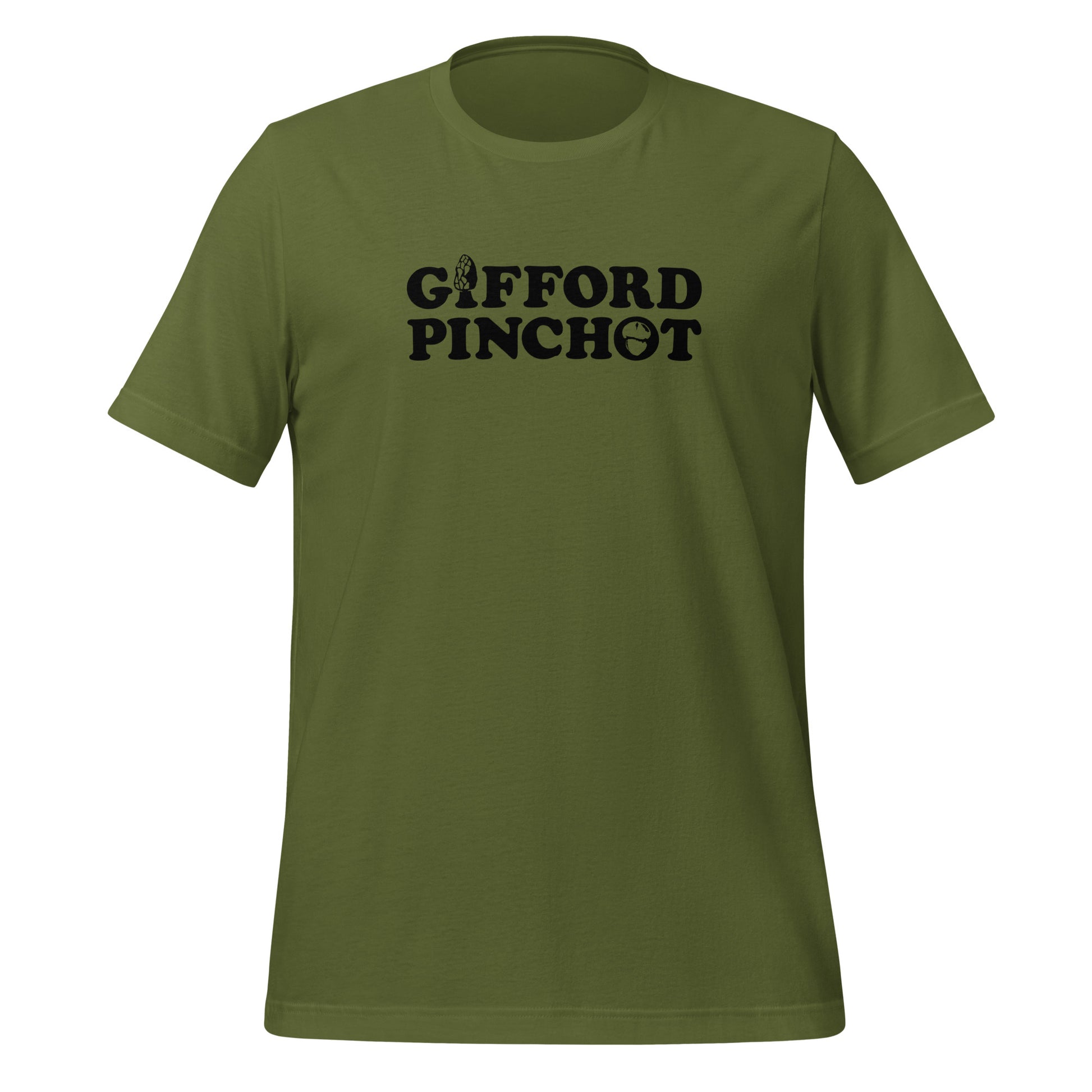 a green t-shirt featuring the phrase Gifford Pinchot. there is a morel mushroom where the letter I should be in the word Gifford and a porcini where the O should be in Pinchot.