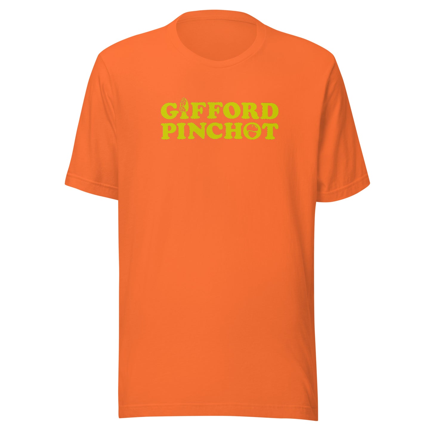 a short sleeve t-shirt featuring the phrase Gifford Pinchot in goldenrod. There is a morel mushroom where the letter I should be in the word Gifford and a porcini where the O should be in Pinchot.