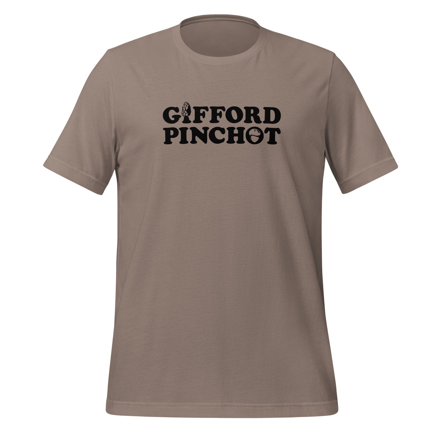 a grey t-shirt featuring the phrase Gifford Pinchot. there is a morel mushroom where the letter I should be in the word Gifford and a porcini where the O should be in Pinchot.