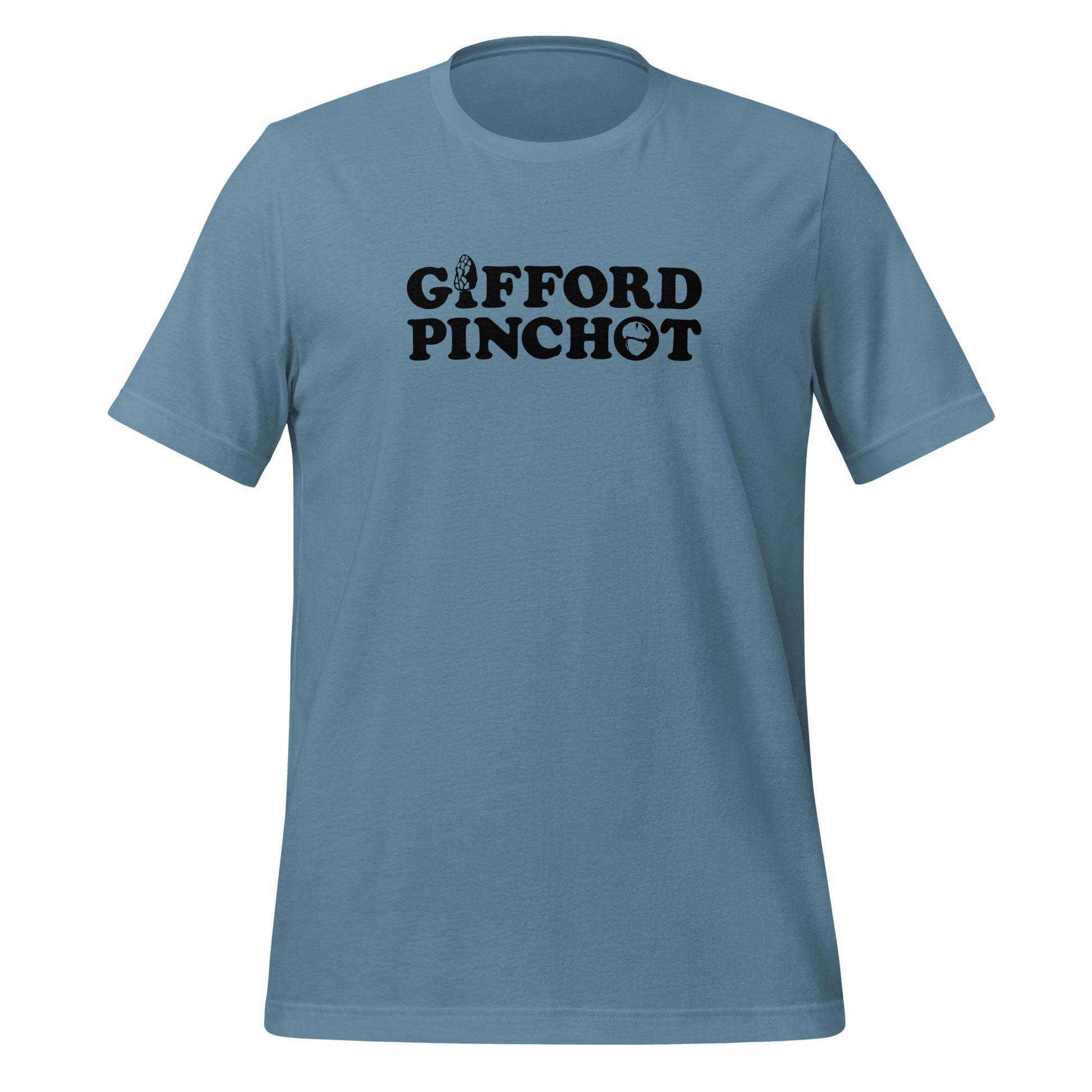 a light blue t-shirt featuring the phrase Gifford Pinchot. there is a morel mushroom where the letter I should be in the word Gifford and a porcini where the O should be in Pinchot.